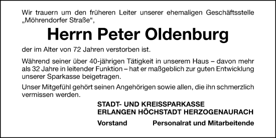 Traueranzeige von Peter Oldenburg von Erlanger Nachrichten Lokal