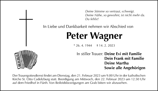 Traueranzeige von Peter Wagner von Fürther Nachrichten Lokal