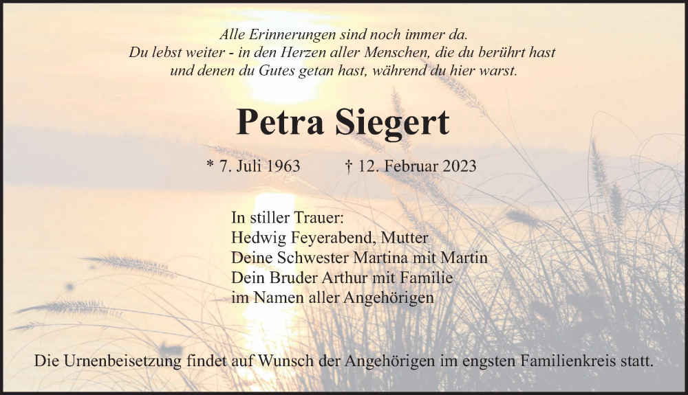  Traueranzeige für Petra Siegert vom 14.02.2023 aus Neumarkter Nachrichten Lokal