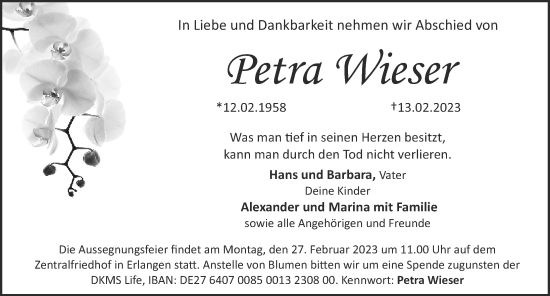 Traueranzeige von Petra Wieser von Erlanger Nachrichten Lokal