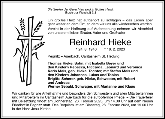Traueranzeige von Reinhard Hieke von Nordbayerische Nachrichten Pegnitz Lokal