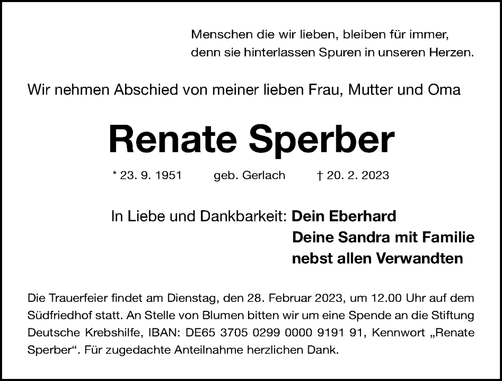  Traueranzeige für Renate Sperber vom 25.02.2023 aus Gesamtausgabe Nürnberger Nachrichten/ Nürnberger Ztg.