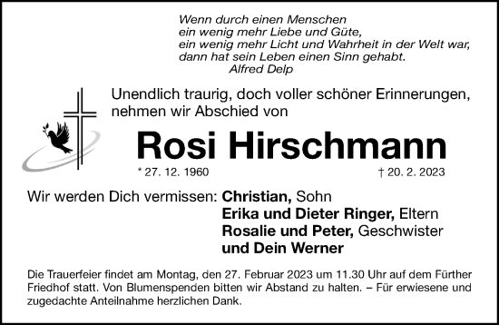 Traueranzeige von Rosi Hirschmann von Fürther Nachrichten Lokal