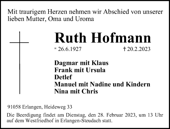 Traueranzeige von Ruth Hofmann von Erlanger Nachrichten Lokal