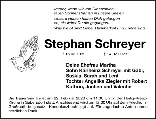 Traueranzeige von Stephan Schreyer von Gesamtausgabe Nürnberger Nachrichten/ Nürnberger Ztg.