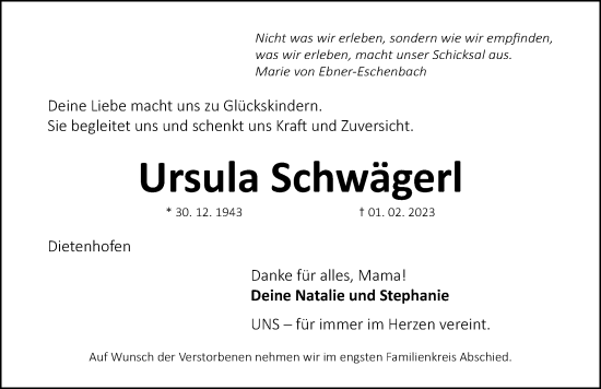 Traueranzeige von Ursula Schwägerl von Gesamtausgabe Nürnberger Nachrichten/ Nürnberger Ztg.