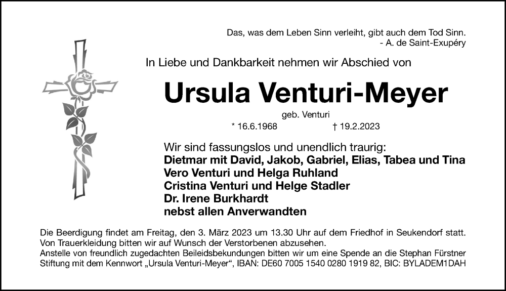  Traueranzeige für Ursula Venturi-Meyer vom 25.02.2023 aus Fürther Nachrichten Lokal