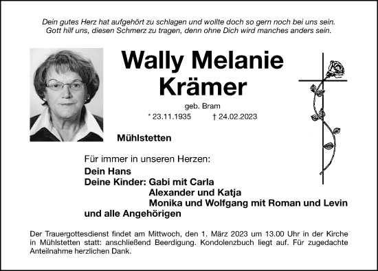 Traueranzeige von Wally Melanie Krämer von Gesamtausgabe Nürnberger Nachrichten/ Nürnberger Ztg.