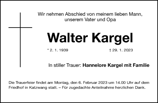 Traueranzeige von Walter Kargel von Gesamtausgabe Nürnberger Nachrichten/ Nürnberger Ztg.