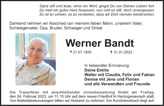 Traueranzeige von Werner Bandt von Nordbayerische Nachrichten Herzogenaurach Lokal