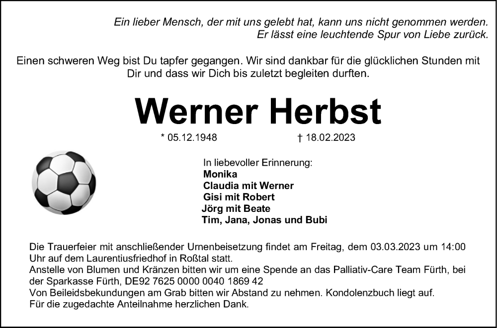  Traueranzeige für Werner Herbst vom 25.02.2023 aus Fürther Nachrichten Lokal