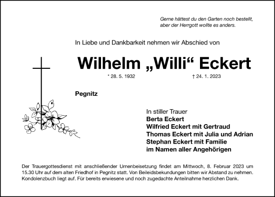 Traueranzeige von Wilhelm Eckert von Nordbayerische Nachrichten Pegnitz Lokal