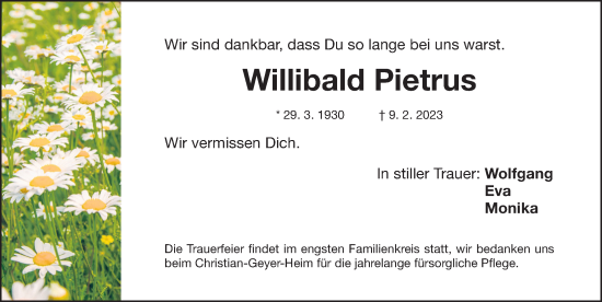 Traueranzeige von Willibald Pietrus von Gesamtausgabe Nürnberger Nachrichten/ Nürnberger Ztg.