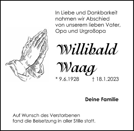 Traueranzeige von Willibald Waag von Schwabacher Tagblatt Lokal