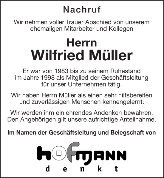 Traueranzeige von Wilfried Müller von Roth-Hilpoltsteiner Volkszeitung Lokal