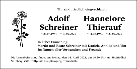 Traueranzeige von Adolf Schreiner von Gesamtausgabe Nürnberger Nachrichten/ Nürnberger Ztg.