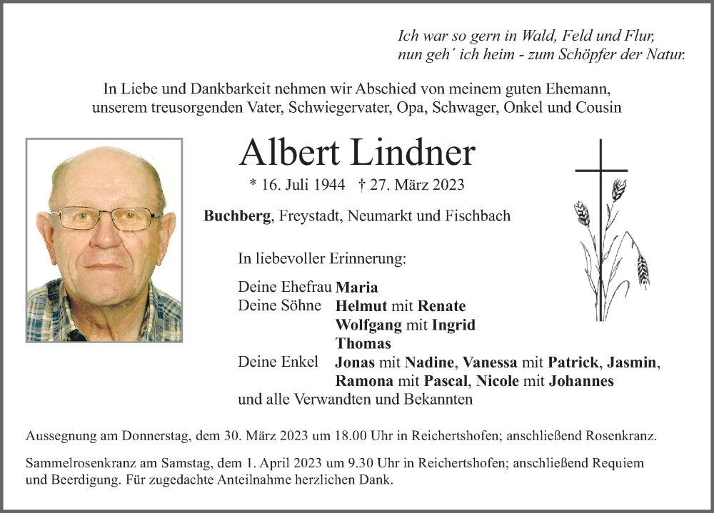  Traueranzeige für Albert Lindner vom 29.03.2023 aus Neumarkter Nachrichten Lokal