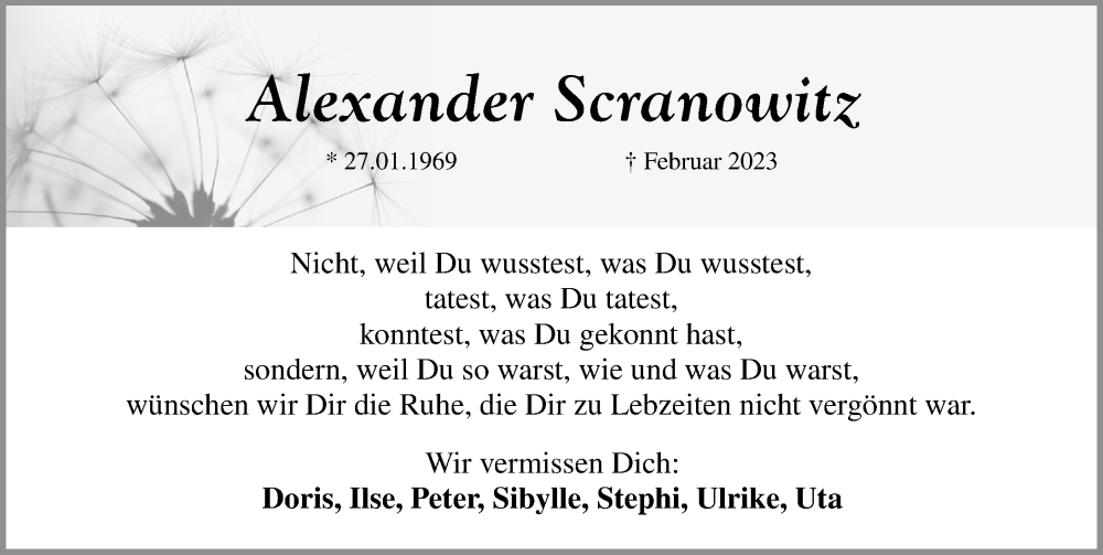  Traueranzeige für Alexander Scranowitz vom 28.03.2023 aus Erlanger Nachrichten Lokal