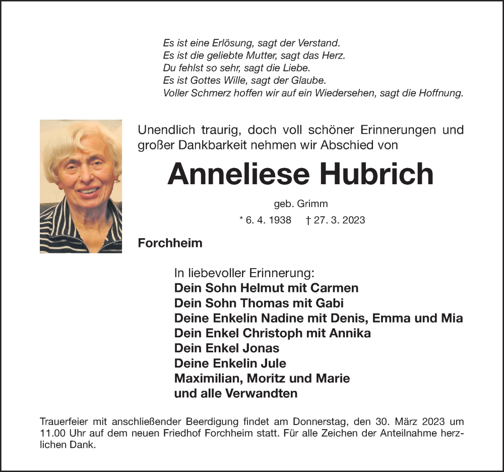  Traueranzeige für Anneliese Hubrich vom 28.03.2023 aus Nordbayerische Nachrichten Forchheim Lokal