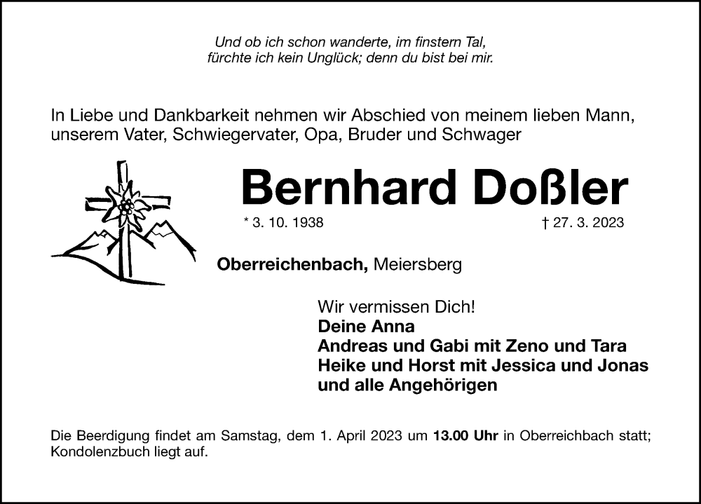  Traueranzeige für Bernhard Doßler vom 30.03.2023 aus Fürther Nachrichten Lokal