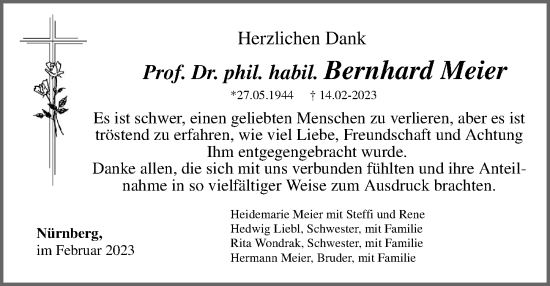 Traueranzeige von Bernhard Meier von Gesamtausgabe Nürnberger Nachrichten/ Nürnberger Ztg.