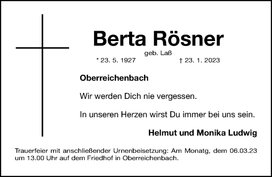 Traueranzeige von Berta Rösner von Gesamtausgabe Nürnberger Nachrichten/ Nürnberger Ztg.