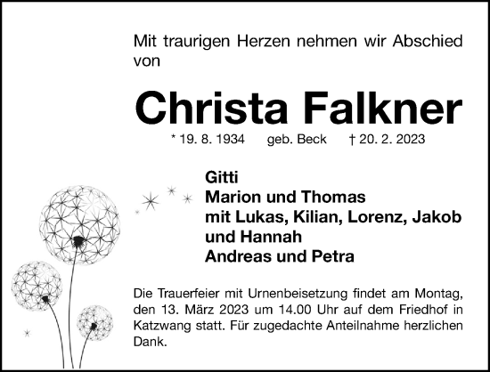 Traueranzeige von Christa Falkner von Gesamtausgabe Nürnberger Nachrichten/ Nürnberger Ztg.