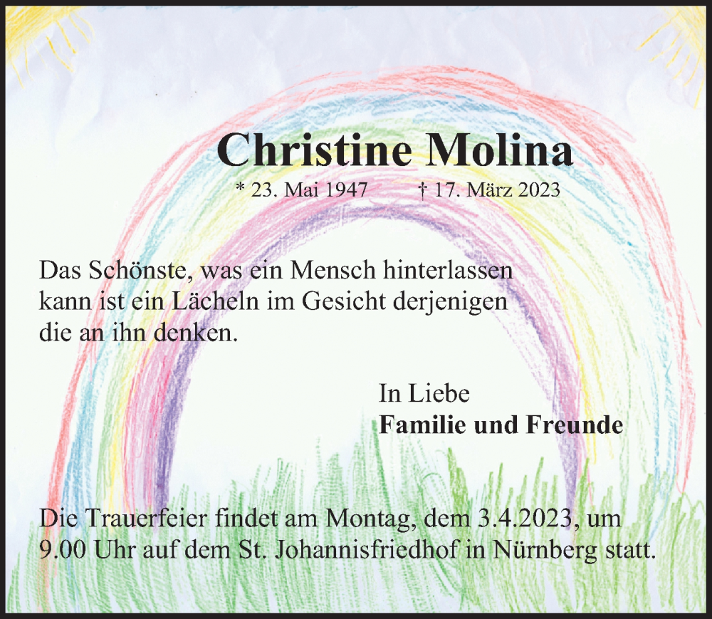  Traueranzeige für Christine Molina vom 29.03.2023 aus Gesamtausgabe Nürnberger Nachrichten/ Nürnberger Ztg.