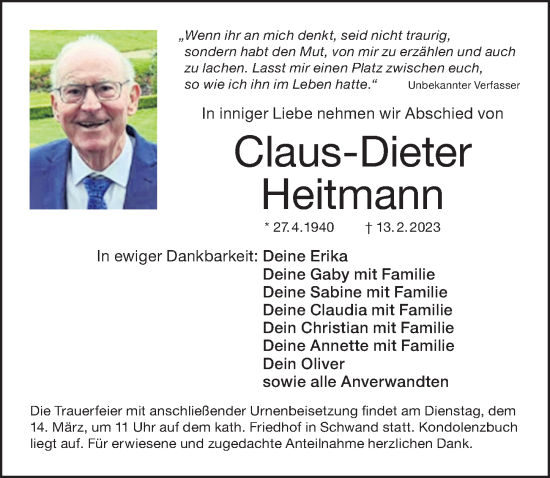 Traueranzeige von Claus-Dieter Heitmann von Schwabacher Tagblatt Lokal