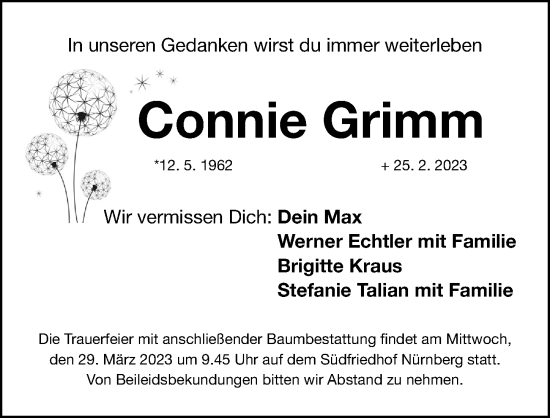 Traueranzeige von Connie Grimm von Gesamtausgabe Nürnberger Nachrichten/ Nürnberger Ztg.