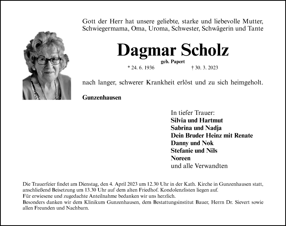  Traueranzeige für Dagmar Scholz vom 01.04.2023 aus Altmühl-Bote Lokal