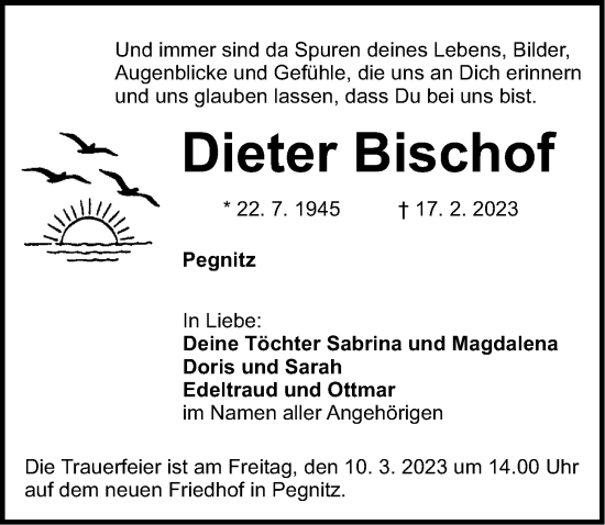 Traueranzeige von Dieter Bischof von Nordbayerische Nachrichten Pegnitz Lokal