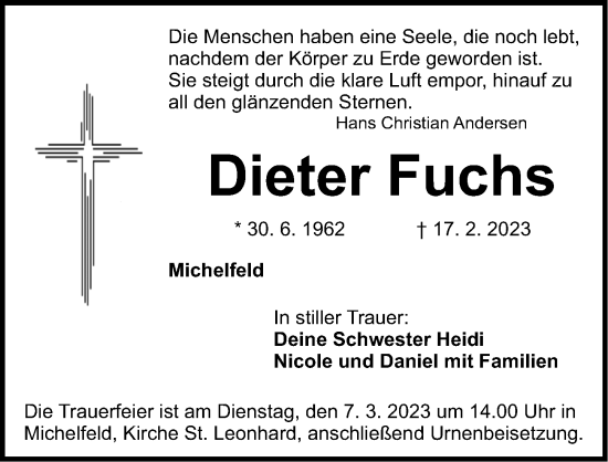 Traueranzeige von Dieter Fuchs von Nordbayerische Nachrichten Pegnitz Lokal