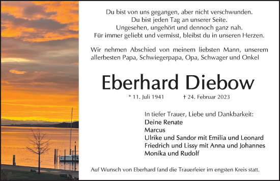 Traueranzeige von Eberhard Diebow von Gesamtausgabe Nürnberger Nachrichten/ Nürnberger Ztg.