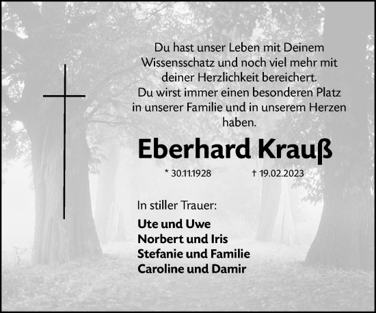 Traueranzeige von Eberhard Krauß von Erlanger Nachrichten Lokal