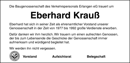 Traueranzeige von Eberhard Krauß von Erlanger Nachrichten Lokal