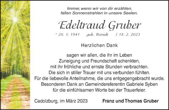 Traueranzeige von Edeltraud Gruber von Fürther Nachrichten Lokal