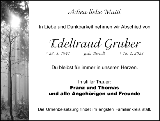 Traueranzeige von Edeltraud Gruber von Fürther Nachrichten Lokal