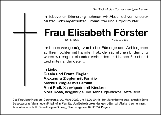 Traueranzeige von Elisabeth Förster von Nordbayerische Nachrichten Pegnitz Lokal