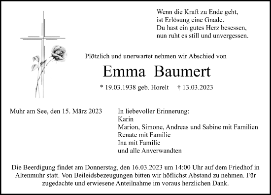 Traueranzeige von Emma Baumert von Altmühl-Bote Lokal