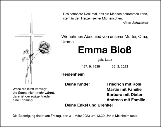 Traueranzeige von Emma Bloß von Altmühl-Bote Lokal