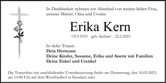 Traueranzeige von Erika Kern von Erlanger Nachrichten Lokal
