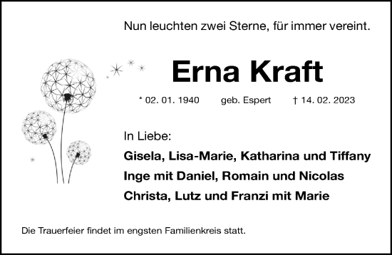 Traueranzeige von Erna Kraft von Gesamtausgabe Nürnberger Nachrichten/ Nürnberger Ztg.