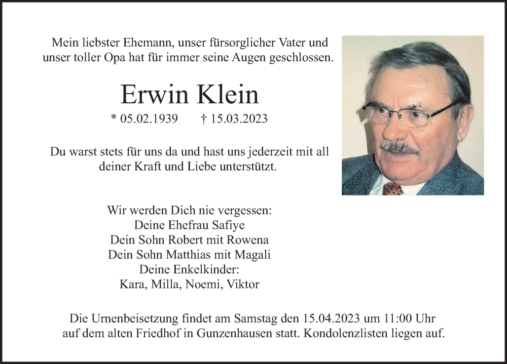  Traueranzeige für Erwin Klein vom 25.03.2023 aus Altmühl-Bote Lokal