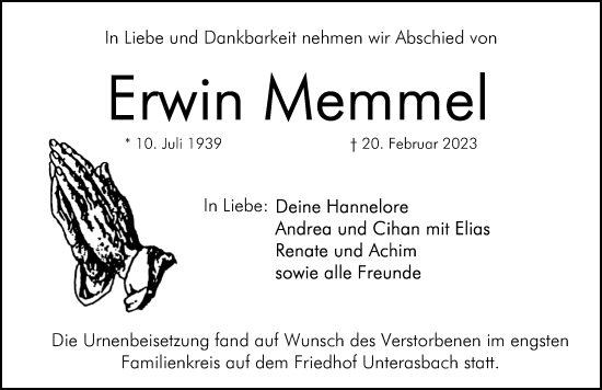 Traueranzeige von Erwin Memmel von Gesamtausgabe Nürnberger Nachrichten/ Nürnberger Ztg.
