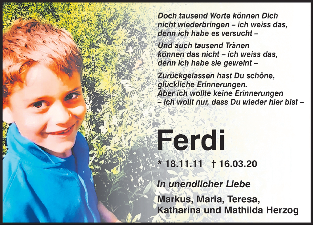  Traueranzeige für Ferdi Herzog vom 16.03.2023 aus Neumarkter Nachrichten Lokal