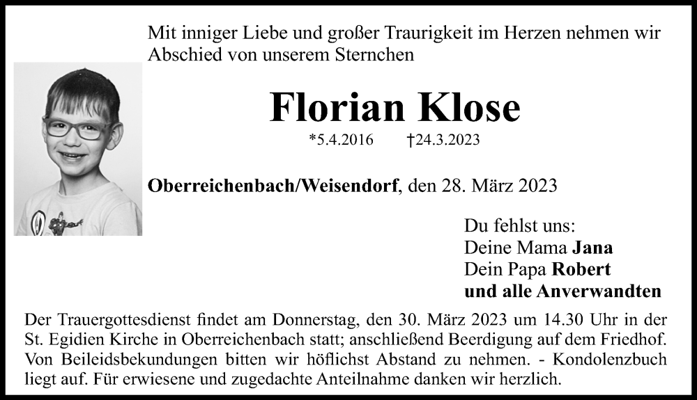  Traueranzeige für Florian Klose vom 28.03.2023 aus Nordbayerische Nachrichten Herzogenaurach Lokal