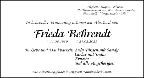 Traueranzeige von Frieda Behrendt von Gesamtausgabe Nürnberger Nachrichten/ Nürnberger Ztg.
