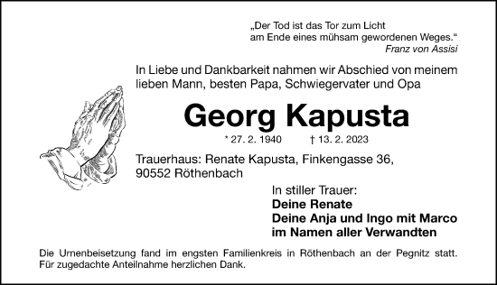 Traueranzeige von Georg Kapusta von Gesamtausgabe Nürnberger Nachrichten/ Nürnberger Ztg.