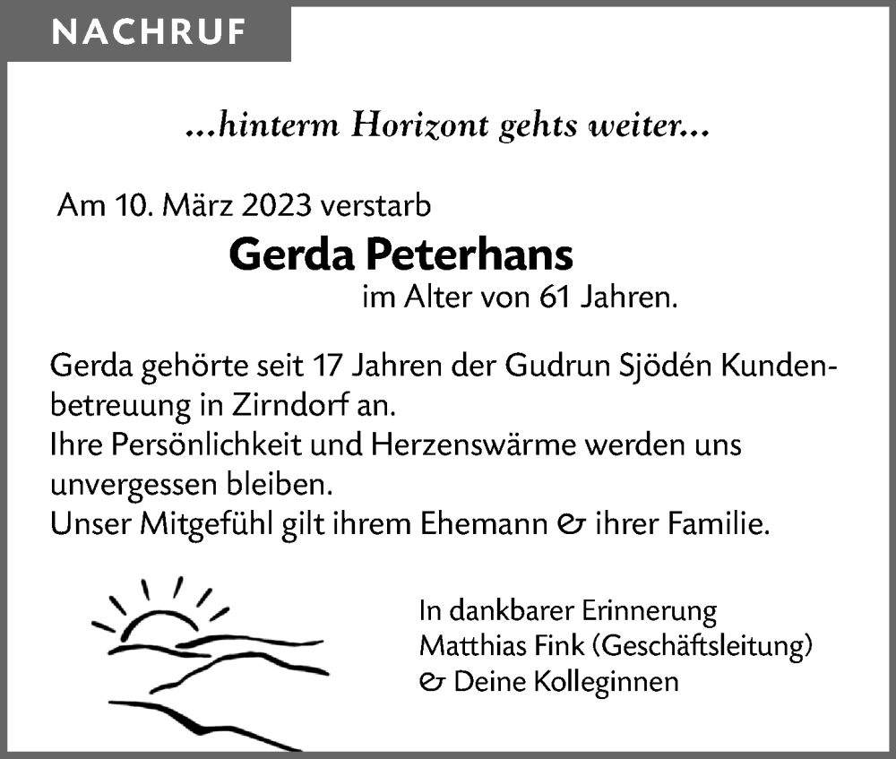  Traueranzeige für Gerda Peterhans vom 18.03.2023 aus Fürther Nachrichten Lokal